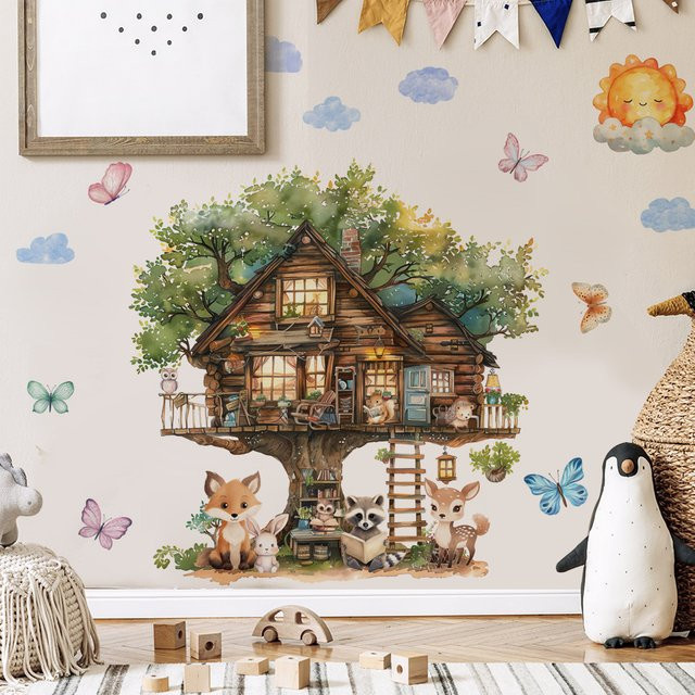 Kingsmile Wandaufkleber Tiere im märchenhaften Baumhaus aus Vinyl für Kinderzimmer in Mehrfarbig - Bild 1