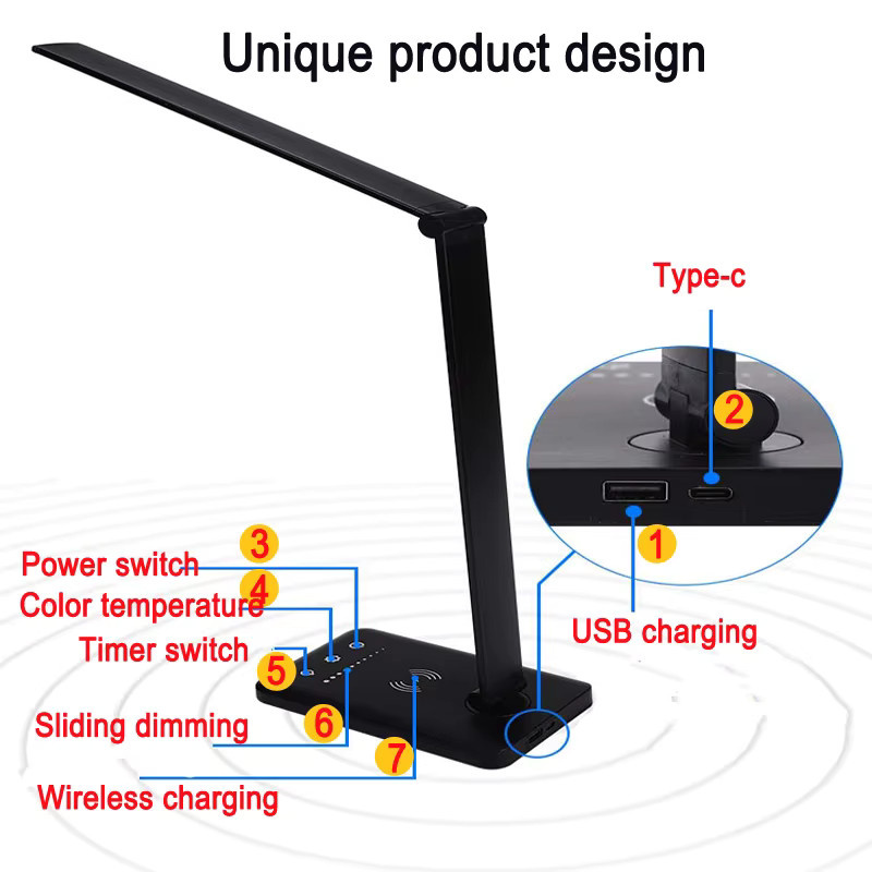 DOUWENXI LED USB-Ladelampe in Schwarz mit Touch-Bedienung, klappbar und wiederaufladbar für Home Office und Schlafzimmer - Bild 4