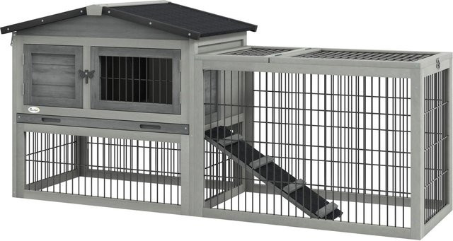 PawHut Kleintierstall Kombination mit Freilaufgehege, wetterfest, Grau und Weiß, B/T/H: 150 x 52 x 68 cm - Bild 1