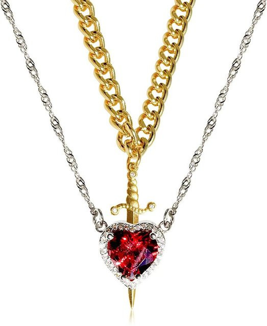 FallInLoveJewelry Halskette Set, Schwert und Herz Anhänger, Messing, Kristall, Unisex - Bild 1