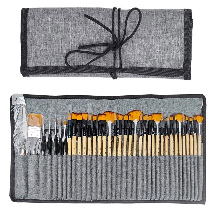 36-teiliges professionelles Pinselset mit Palettenmesser und Stoffrolle aus Holz in Mehrfarben für Acryl, Öl, Aquarell und Gouache - Bild 2