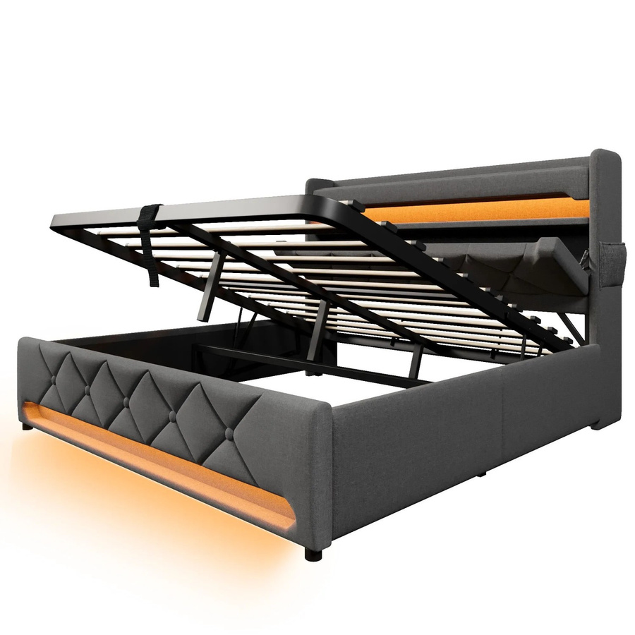 okwish Polsterbett Grau mit LED-Beleuchtung, USB-Anschluss und Stauraum, B/T/H: 140 x 200 x 111 cm - Bild 2