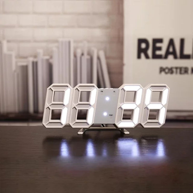 WOKLOK Digitale LED Wanduhr in Weiß mit Temperaturanzeige und Datumsanzeige, moderne geometrische Design-Uhr aus Kunststoff mit USB-Anschluss - Bild 1
