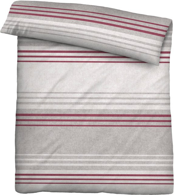 Biberna Bettwäsche aus Baumwolle in Grau, gestreiftes Flanell-Design mit Reißverschluss, 80 x 80 cm - Bild 1