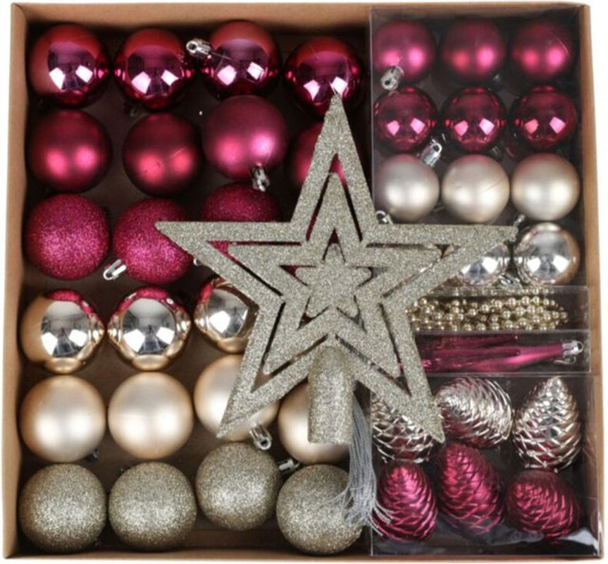 BURI Weihnachtsbaumschmuck Set aus 50 Kunststoff-Hängeornamenten in Lila und Gold mit Kugeln und Sternen - Bild 1