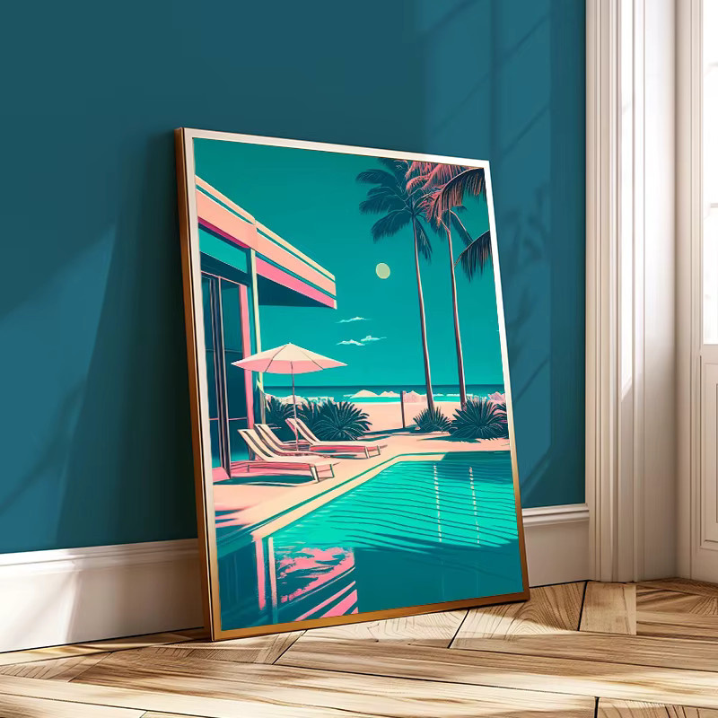 Potdemiel Retro Futuristische Beachside Palmen Wüste Schwimmbad Leinwand Wandkunst Mehrfarbig - Bild 3
