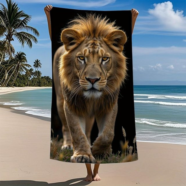 Creative Man Löwen Mikrofaser Badetuch schnelltrocknend und hochsaugfähig, B: 86 cm, H: 163 cm - Bild 1