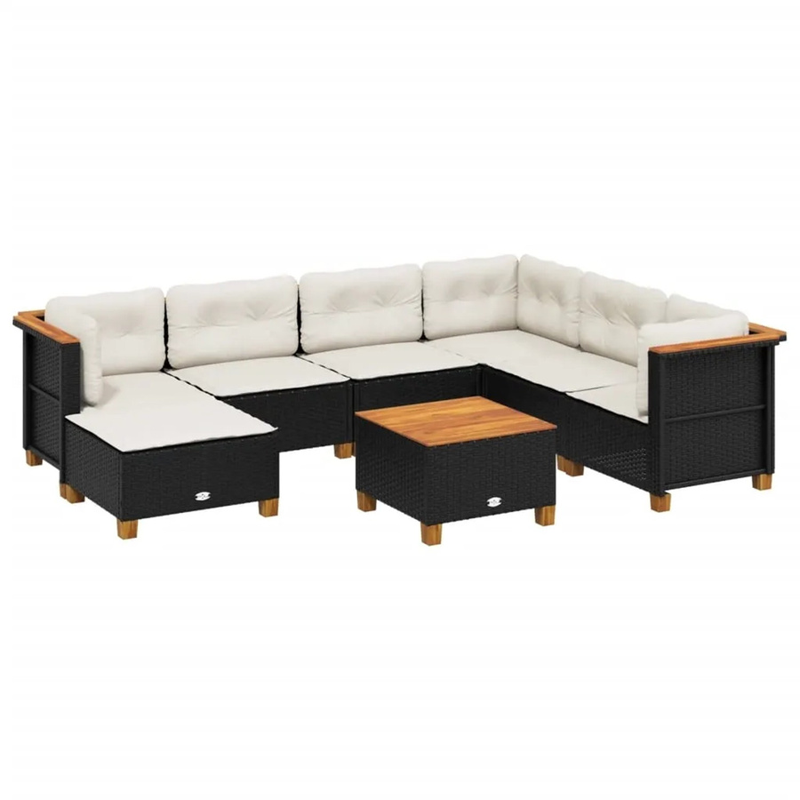vidaXL 8-tlg Garten-Sofagarnitur in L-Form aus Polyrattan und Akazienholz mit Kissen, Schwarz - Bild 2