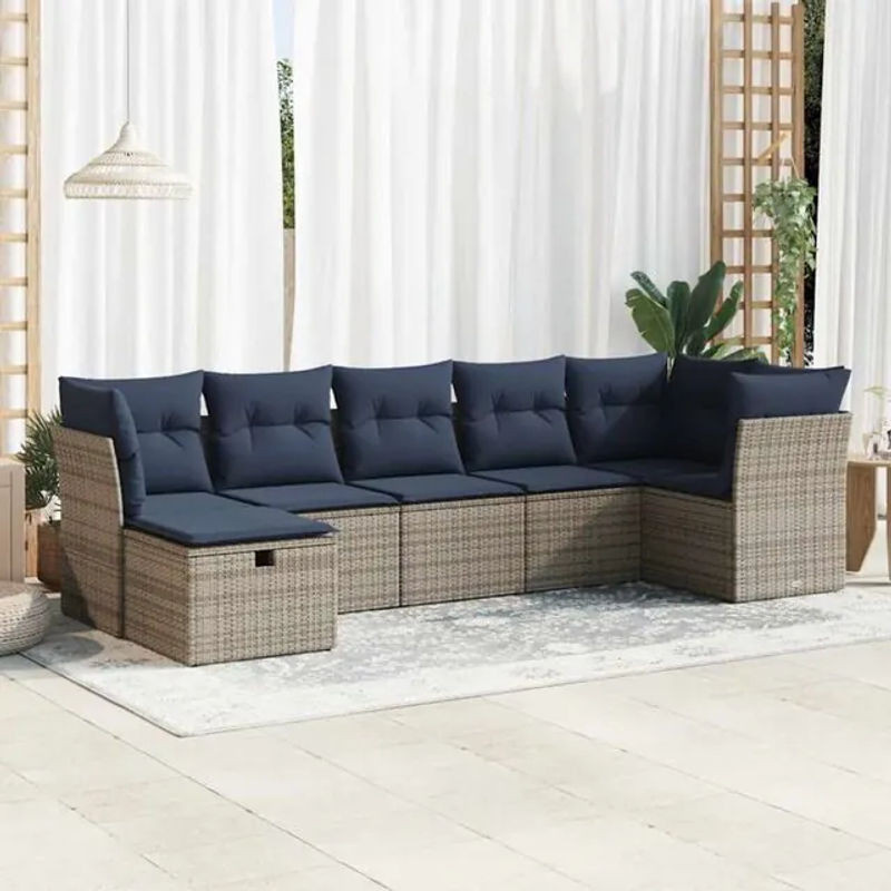 7-tlg. modulare Garten-Sofagarnitur mit Kissen und Fußhocker aus Poly-Rattan in Grau von vidaxl - Bild 1