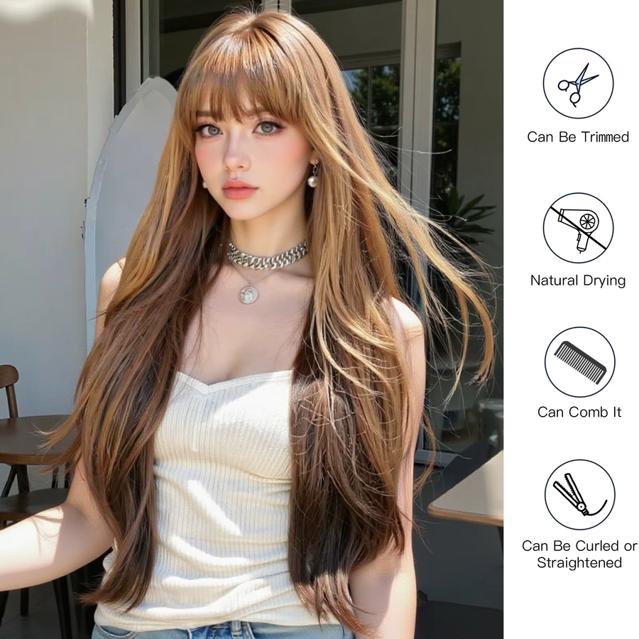 GEMMA Perücke mit Pony, honigbraun, lang, gerade, synthetisch, Damen - Bild 3