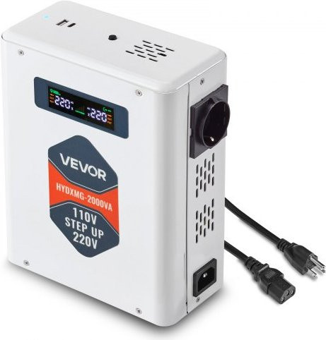 VEVOR Spannungswandler Aufwärtswandler 2000 VA, Hochleistungs-Transformator von 110 V auf 220 V mit 2 EU-Steckdosen, USB-Ausgang und LCD-Display in Weiß - Bild 1