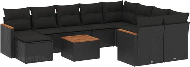 vidaXL 11-tlg Garten-Sofagarnitur in L-Form aus schwarzem PE-Rattan mit Kissen und pulverbeschichtetem Stahlgestell - Bild 1