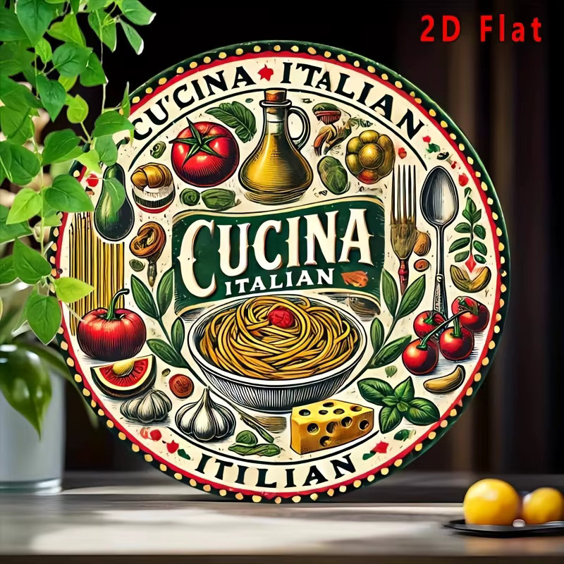 Rundes Aluminiumschild Potdemiel mit italienischem Essensthema und farbiger Illustration als Wandkunst aus Metall - Bild 5