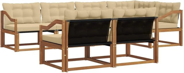 vidaXL Outdoor-Sofagarnitur 7-teilig aus Akazienholz in Braun und Beige mit Kissen und Textilene-Bezug - Bild 1