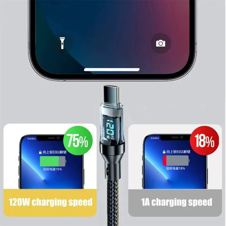 USB-A auf USB-C Schnellladekabel mit 120 W Leistung und LED-Digitalanzeige in Schwarz - Bild 5