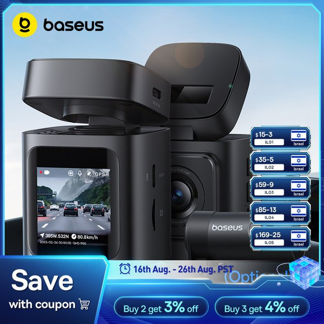Baseus 3K Dash Cam VD1 Auto DVR Kamera mit Vorder- und Rückkamera, integriertem GPS und 24H Parkplatzüberwachung, Schwarz - Bild 1