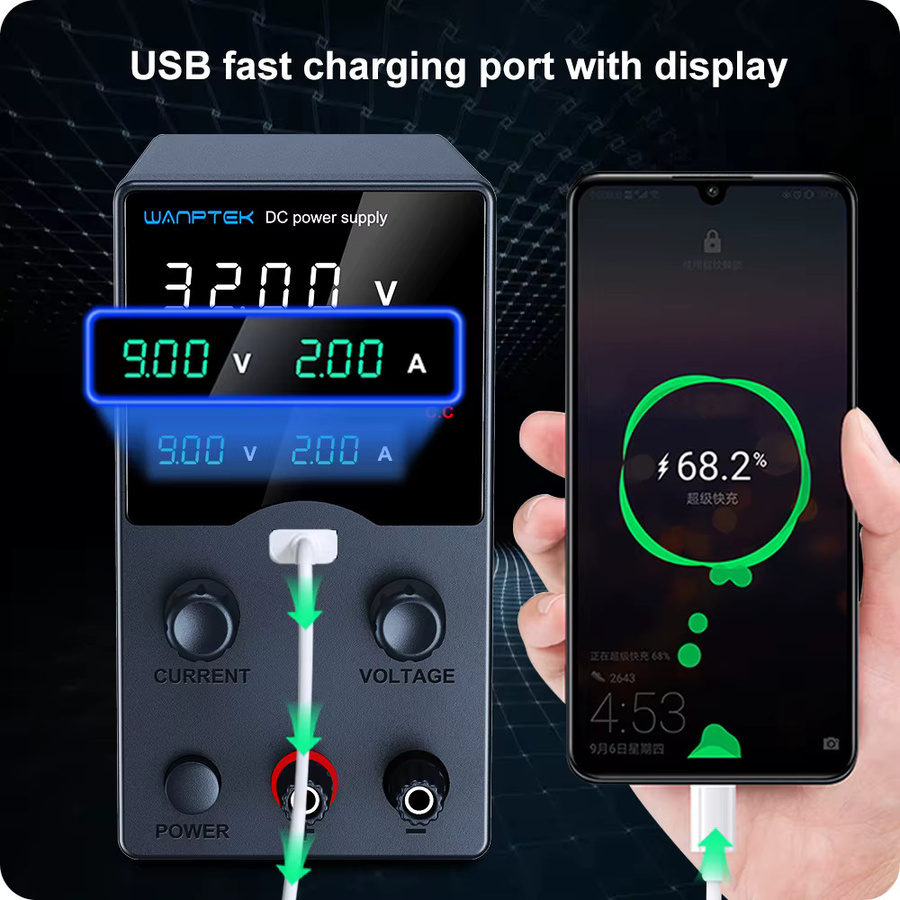 Wanptek Labor-Netzteil in Schwarz mit USB-C-Ausgang und Display, einstellbar für verschiedene Spannungen und Stromstärken - Bild 3
