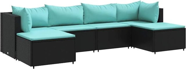 vidaXL 6-teiliges Garten-Lounge-Set aus Poly-Rattan mit Kissen in Schwarz und Blau - Bild 1