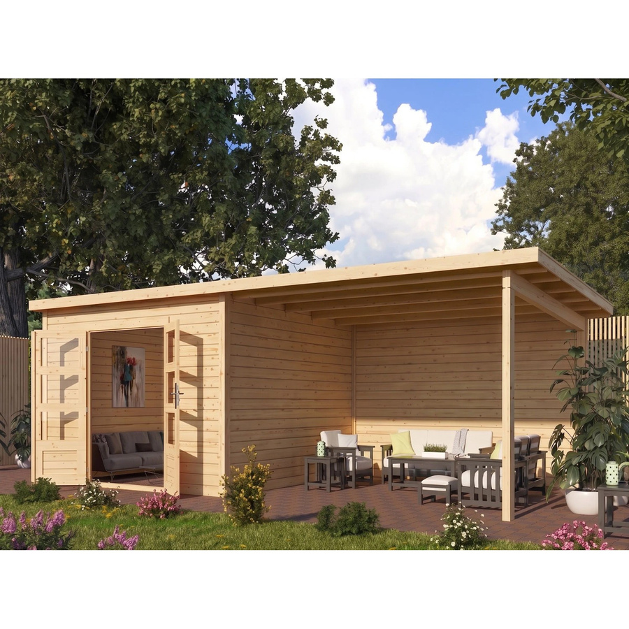 Karibu Gartenhaus Wacken Log Cabin mit Anbaudach in Natur, Wandstärke 28 mm, B/T/H: 725 x 361,5 x 216,5 cm - Bild 2