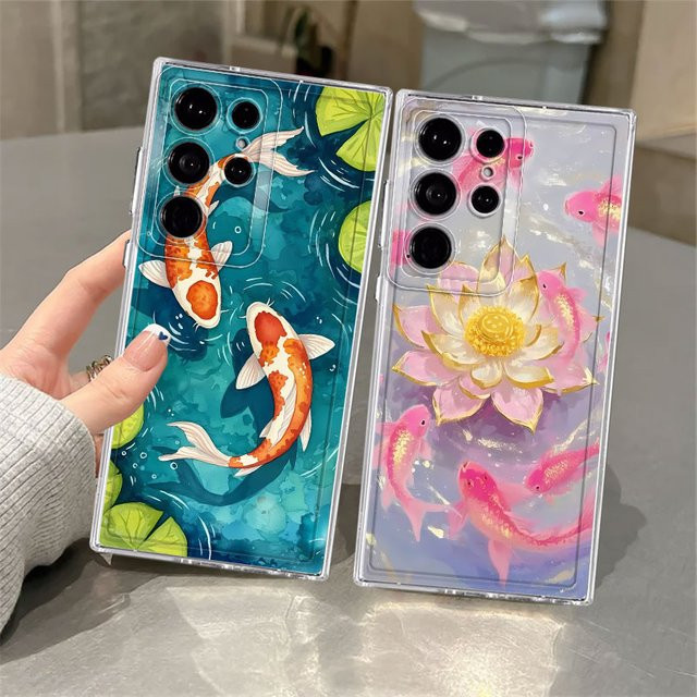 Goldfisch Lotus Art Handyhülle für Samsung Galaxy S23 S24 S25 S22 S21 S20 S10 Note 10 Ultra und FE in Transparent Multicolour - Bild 1