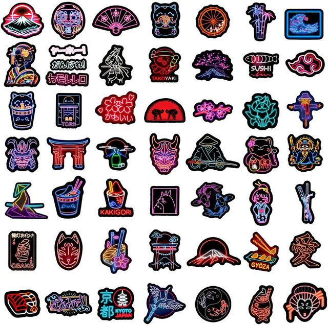 50 Stück Neon Japanische Sticker in Multicolour als wasserdichte Deko für Notizbuch, Gepäck und Skateboard von RecordingYourLife Store - Bild 1