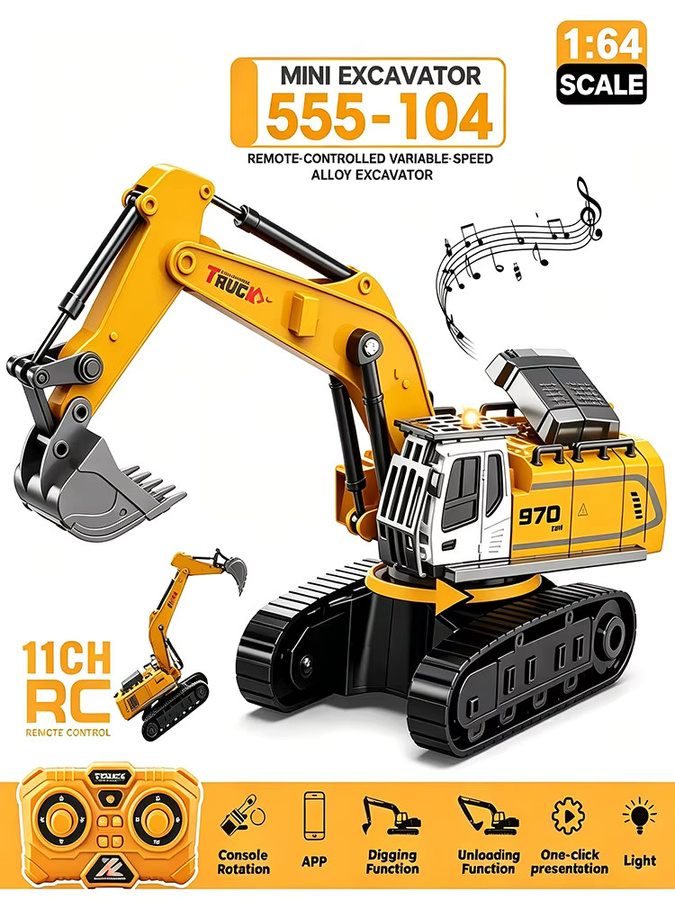 CONUSEA RC Mini Bagger, ferngesteuert, 1:64, Metall, Gelb - Bild 6