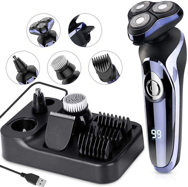 HATTEKER 5-in-1 Elektrorasierer Pflegeset für Herren, Schwarz/Blau - Bild 1
