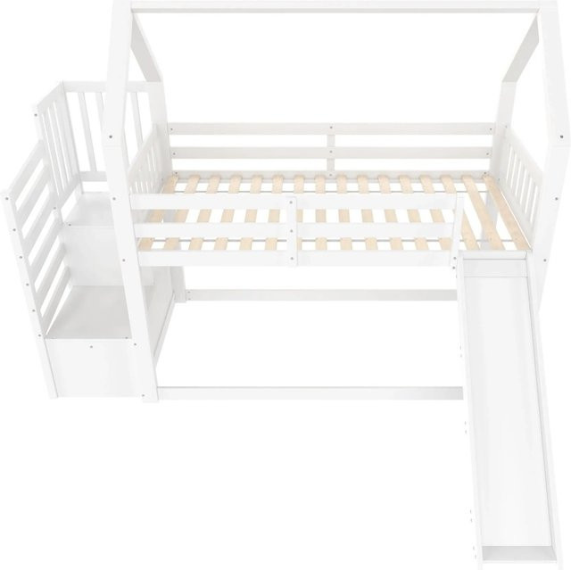 okwish Kinder-Etagenbett im Hüttenstil mit Rutsche und Stauraumtreppe, Farbe: Weiß, B/T/H: 200 x 90 x 175,5 cm - Bild 1