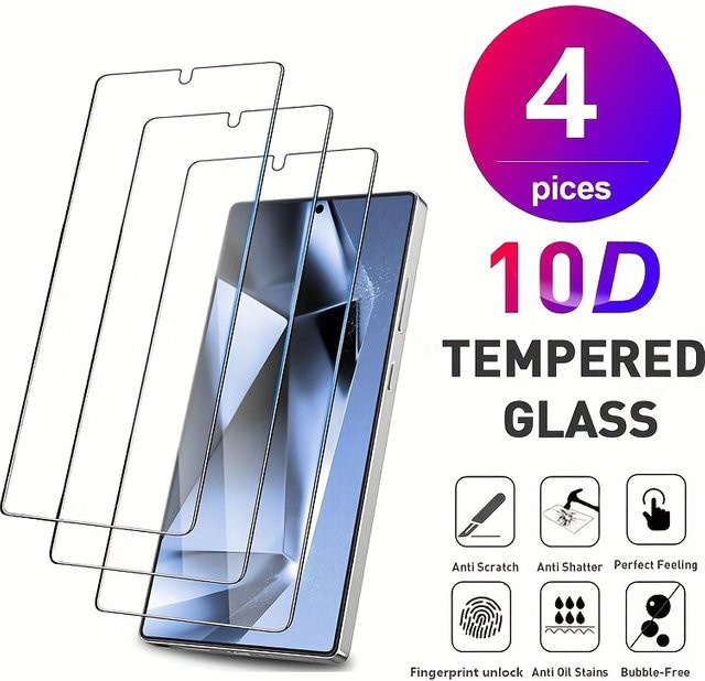 4er-Pack Displayschutzfolie aus gehärtetem Glas für Samsung Galaxy S25 Ultra, 6,9 Zoll, transparent, mit vollständiger Abdeckung und Unterstützung der Ultraschall-Fingerabdruck-Entriegelung - Bild 1