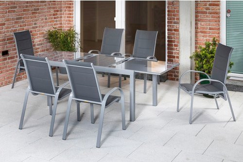 Merxx Gartenmöbelset Amalfi 7-teilig mit ausziehbarem Tisch und 6 Stapelsesseln aus Aluminium und Textil in Grau/Silber - Bild 1