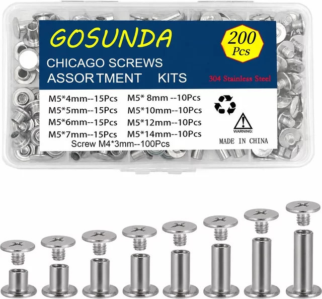 GOSUNDA Chicago-Schrauben Set aus 304 Edelstahl in Silber, 200 Stück Leder-Mischset mit 8 Größen für dein DIY Lederhandwerk - Bild 1