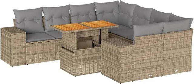 vidaXL 9-teilige Garten-Sofagarnitur in L-Form aus Poly-Rattan und Akazienholz mit Kissen in Beige-Grau - Bild 1