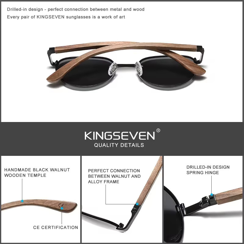 KINGSEVEN Pilot-Sonnenbrille, Holz, braun, Vollrand, Unisex, polarisiert - Bild 3