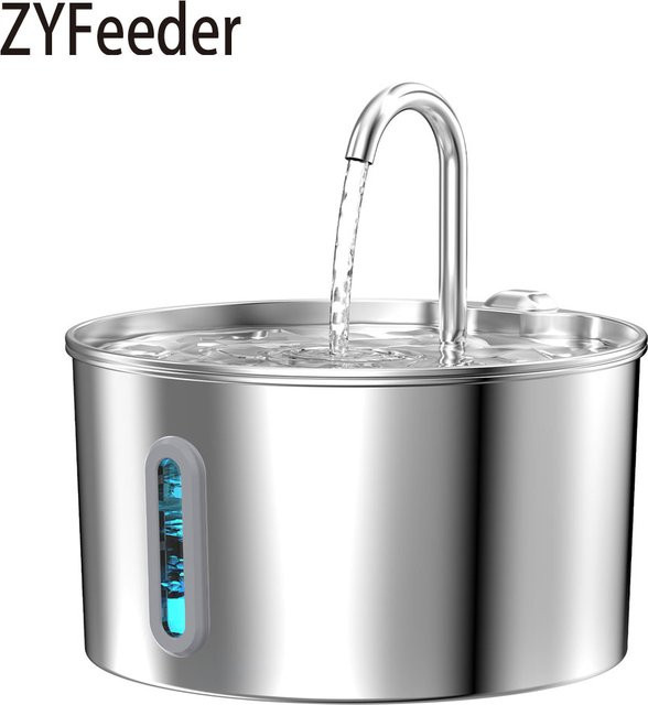 ZYFeeder Automatischer Wasserbrunnen aus Edelstahl in Silber, 2,2 l Haustier-Wasserspender für Katzen und Hunde, geräuschlos mit Sichtfenster - Bild 1