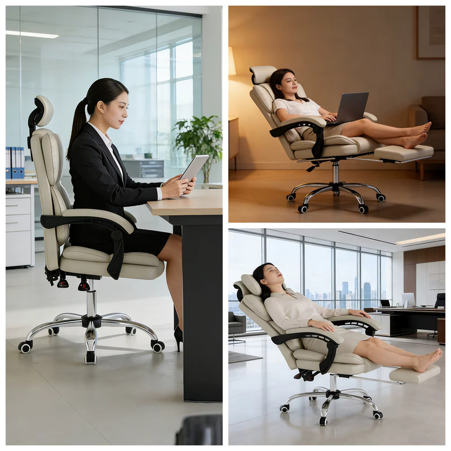 SUKIDA Gaming-Stuhl Ergonomischer Bürostuhl in Beige mit Fußstütze und Kopfstütze aus Kunstleder für Home Office und Wohnzimmer - Bild 3