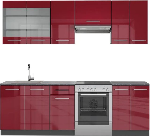 Vicco Fame-Line Küchenzeile Bordeaux Hochglanz und Anthrazit, B/H/T: 240 x 82 x 60 cm - Bild 1