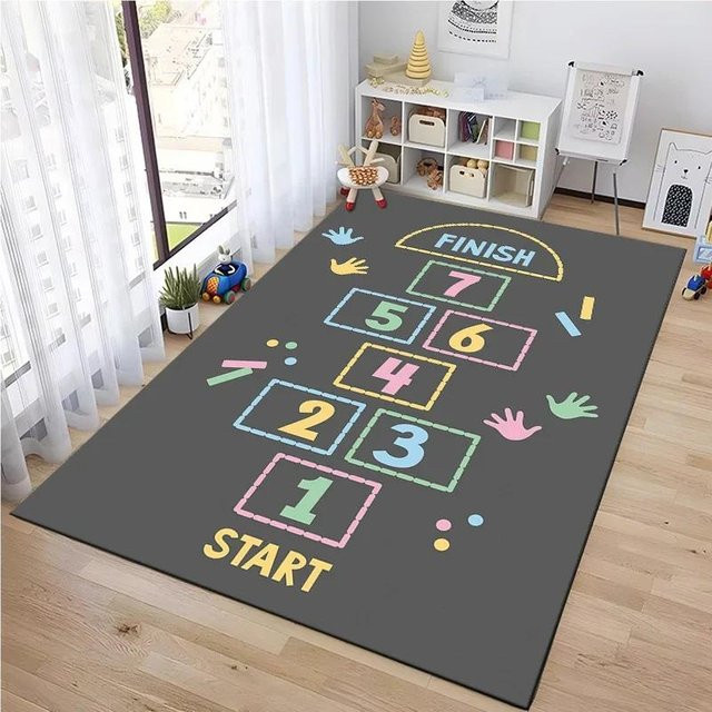 UQIDEHOME Kinder Teppich mit Cartoon-Hüpfspiel für das Kinderzimmer, Waschbar, Grau, B/T: 80 x 120 cm - Bild 1