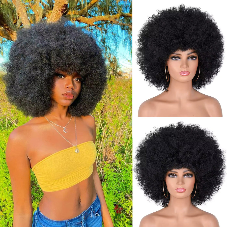 Wig Queen Afro-Locken-Echthaarperücke mit Pony, Schwarz, Unisex - Bild 2