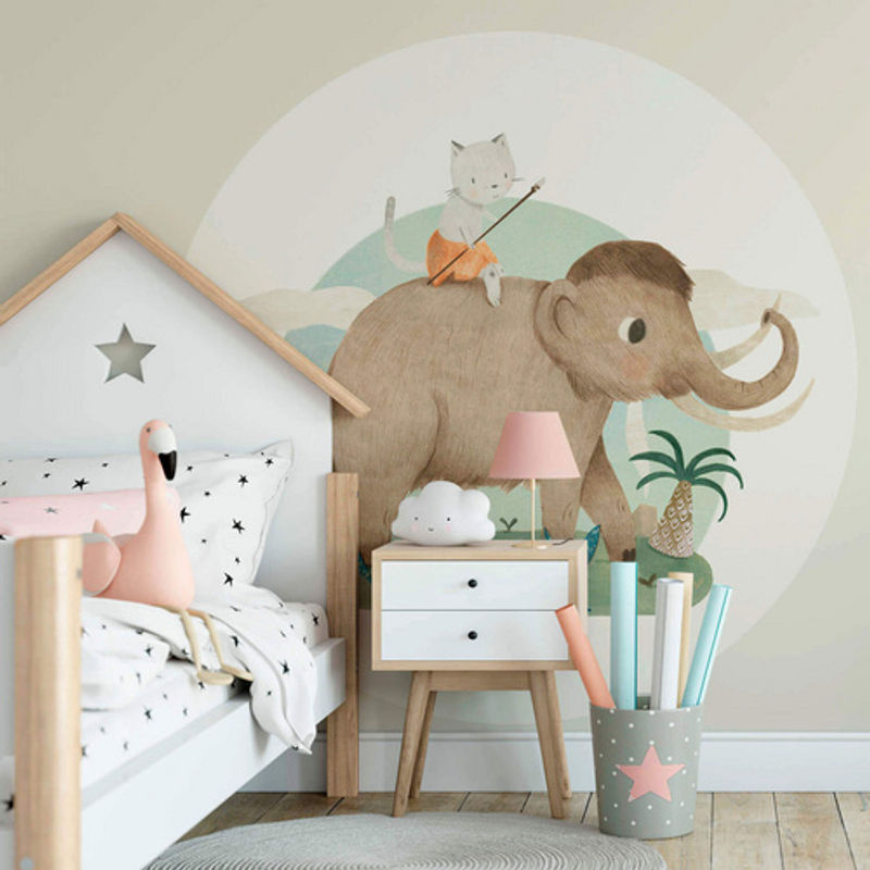 K&L Wall Art Runde Vliestapete Loske Elefant Katze Kinder Zimmer mehrfarbig matt - Bild 2