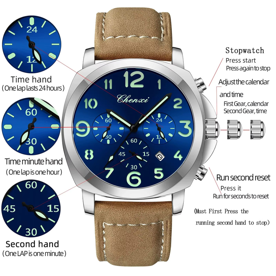 CHENXI Chronograph Herren, Quarz, Lederband, Schwarz, Wasserdicht - Bild 5