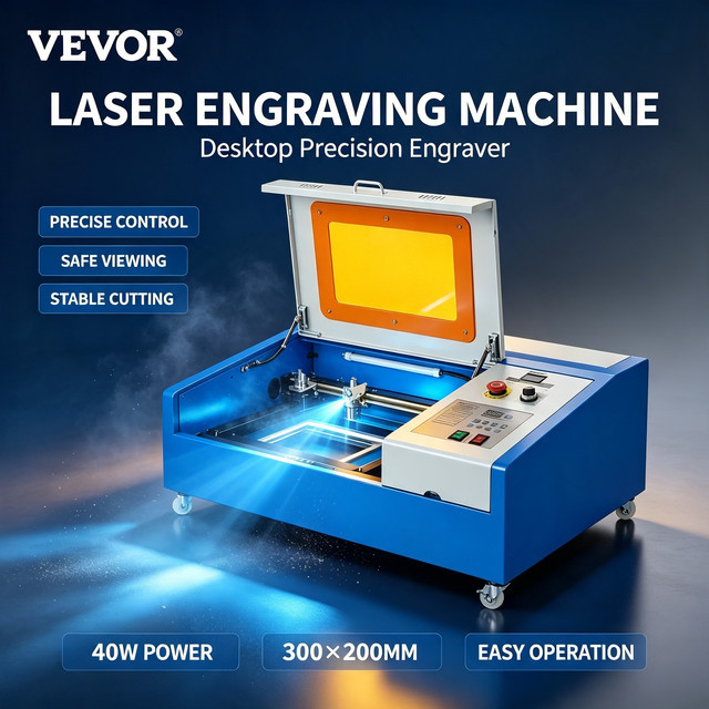 VEVOR CO2-Lasergravurgerät 40W mit USB-Anschluss und CorelDraw-Kompatibilität für die Handwerksverarbeitung in Blau, Arbeitsbereich: Breite: 30 cm, Tiefe: 20 cm - Bild 1