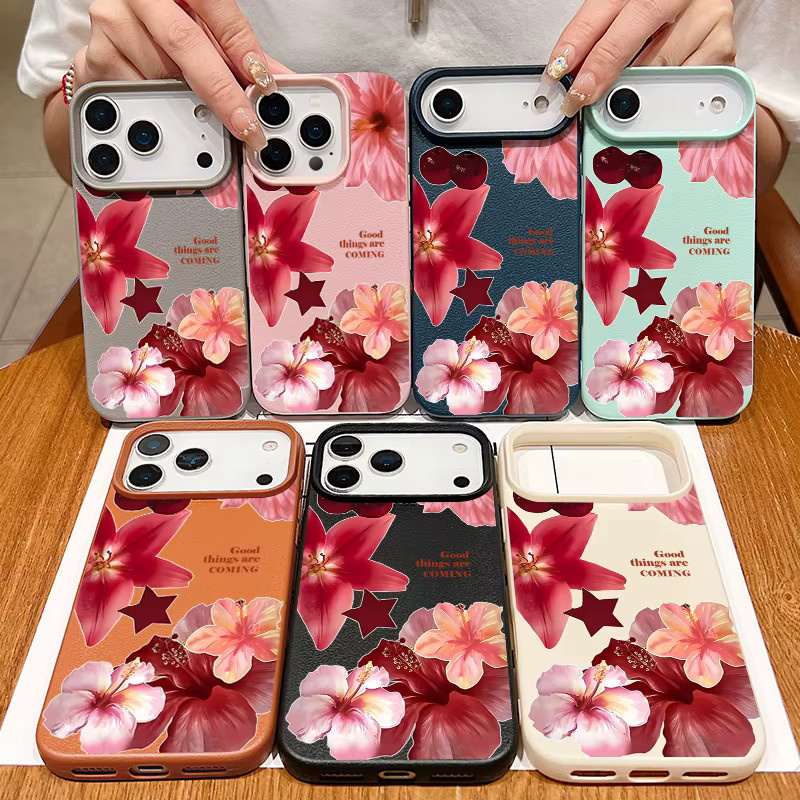 MOESOE Handyhülle mit realistischem Blumenmuster für iPhone 17 16 15 14 13 12 Pro Max und weitere Modelle, stoßfeste TPU Softcover mit Lederstruktur in Orange Multicolour - Bild 5