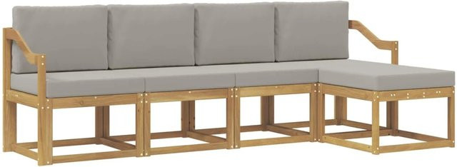 vidaXL Outdoor-Sofagarnitur L-Form aus Akazienholz in Weiß, Grau und Braun mit Sitzkissen und Fußhocker - Bild 1