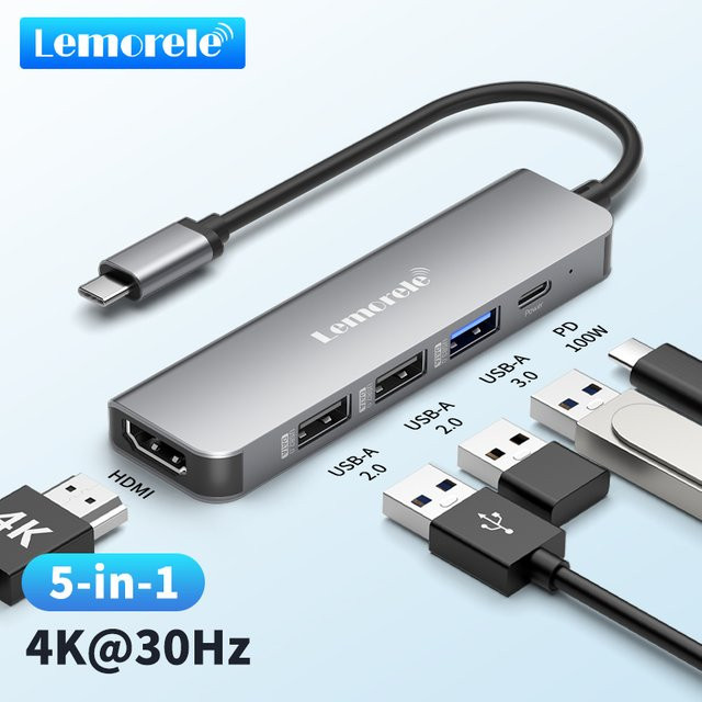 Lemorele TC101 5-in-1 USB C Hub Dockingstation mit 4K HDMI, 100W PD und USB 3.0 aus Aluminium für MacBook, Dell, HP und Lenovo - Bild 1