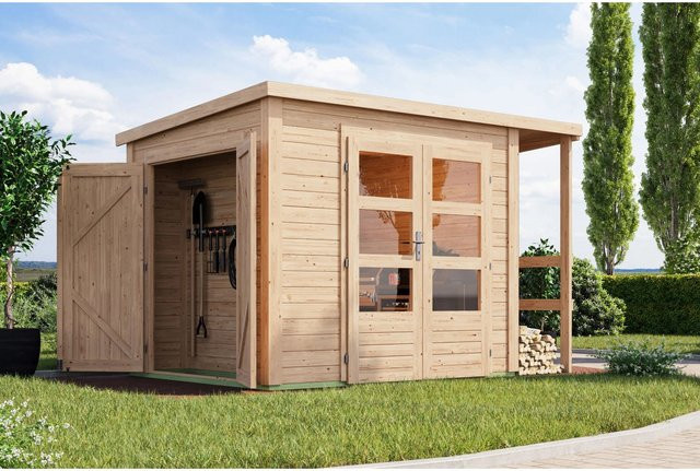Karibu Gartenhaus mit Schrank und Anbaudach in Natur Braun, B/T/H: 209 x 241 x 199,6 cm - Bild 1