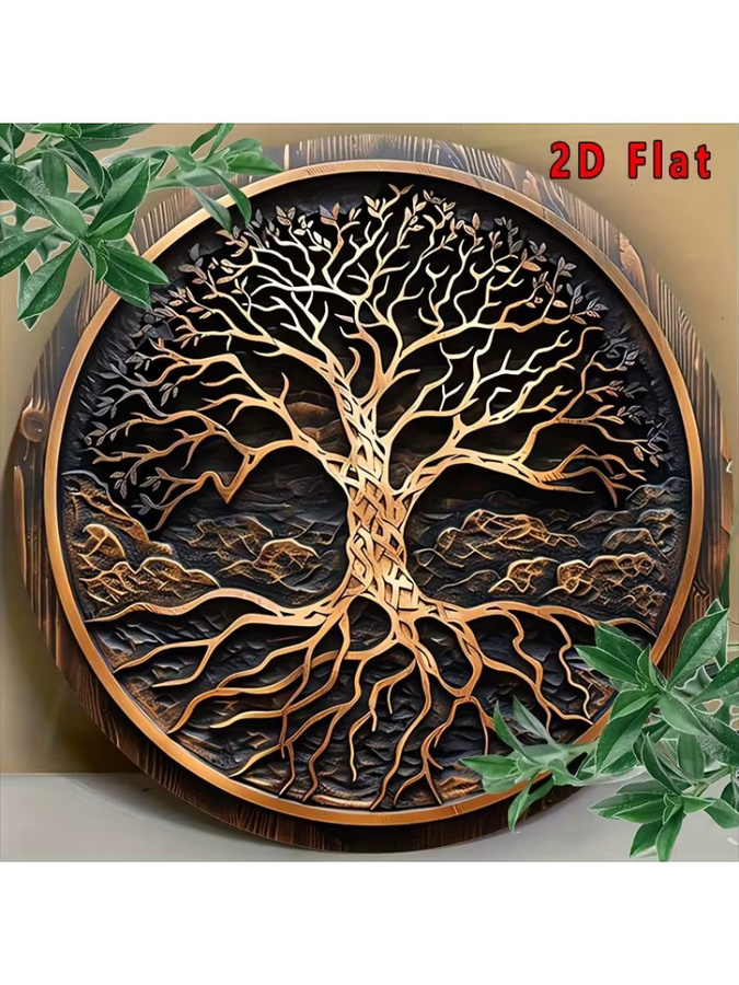 Potdemiel Vintage Baum des Lebens Wandkunst aus Aluminium-Metall, runde Outdoor-Hängedekoration mit floralem Design, Durchmesser: 20,32 cm - Bild 5