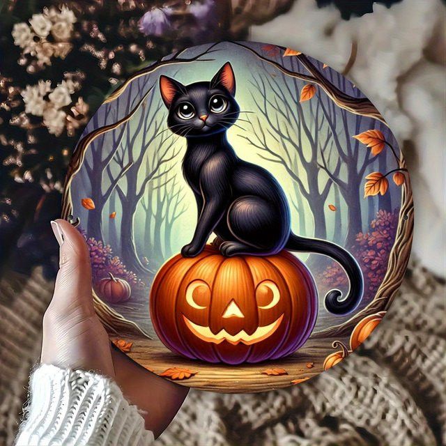 Potdemiel Halloween Metallschild mit Kürbis- und Katzen-Design, runde Blechwanddekoration, Durchmesser: 20,3 cm - Bild 1