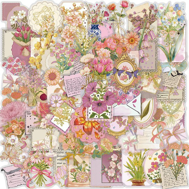 PickJoy Goldfolie mit transparenten Vintage-Blumenaufklebern, 50 Stück, wasserfest für Scrapbooking - Bild 1