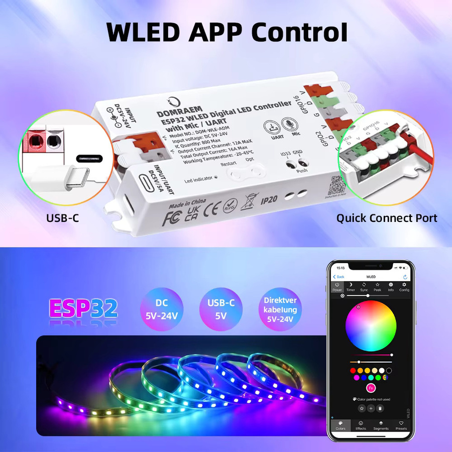 DOMRAEM DIY ESP8266 ESP32 WLED Adressierbarer LED-Controller für WS2814 WS2812B SK6812 APA102 Streifen mit WiFi, Alexa und MQTT Unterstützung - Bild 2