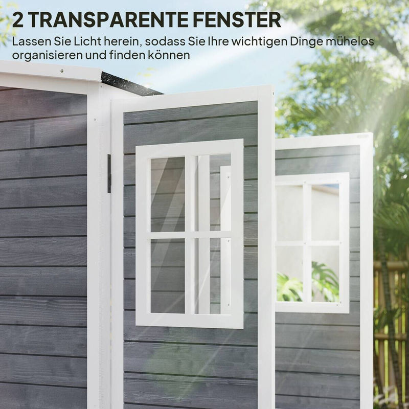 Outsunny Gartenschrank aus Tannenholz in Hellgrau mit abschließbarer Tür, Fenstern und Regalböden, B/T/H: 91 x 69 x 192 cm - Bild 3